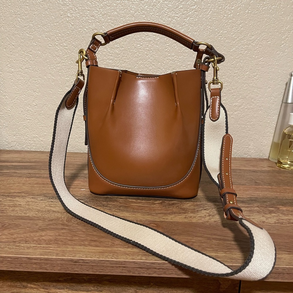 Zara Tan Leather Bucket Crossbody with Contrast Strap